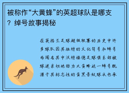 被称作“大黄蜂”的英超球队是哪支？绰号故事揭秘