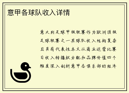 意甲各球队收入详情
