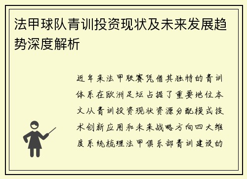 法甲球队青训投资现状及未来发展趋势深度解析